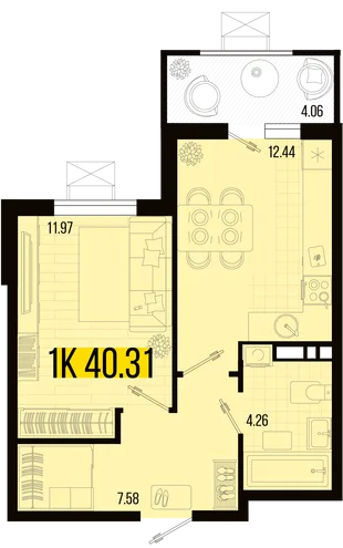 Планировка 1-комн. квартира, 38.28 м² ЖК «Цветной бульвар»