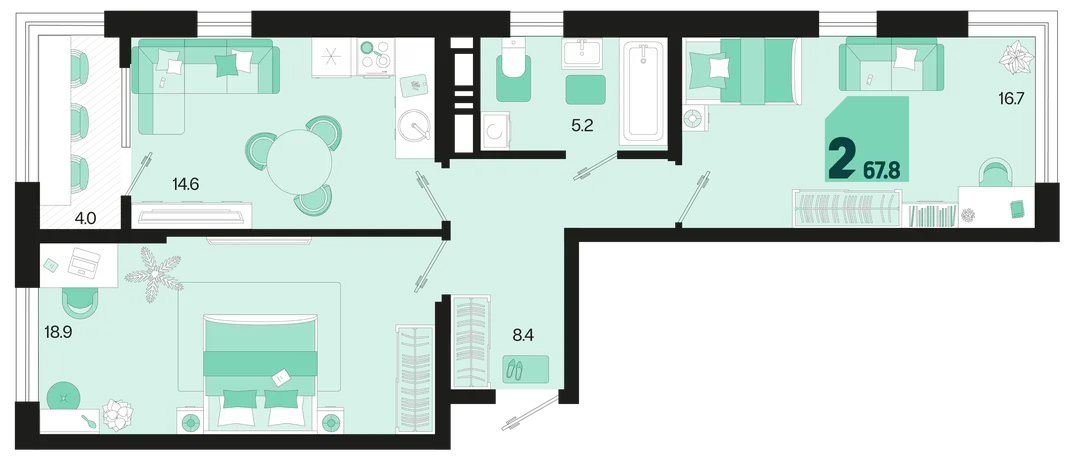 Планировка 2-комн. квартира, 67.8 м² ЖК «Первое место»