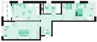 Планировка 2-комн. квартира, 67.8 м² ЖК «Первое место»