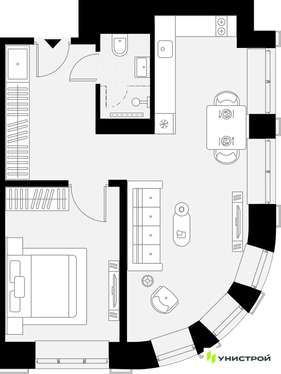 Планировка 1-комн. квартира, 43.79 м² ЖК «YES Горки»