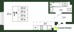 Планировка 1-комн. квартира, 29.6 м² ЖК «Парковый квартал 2.0»