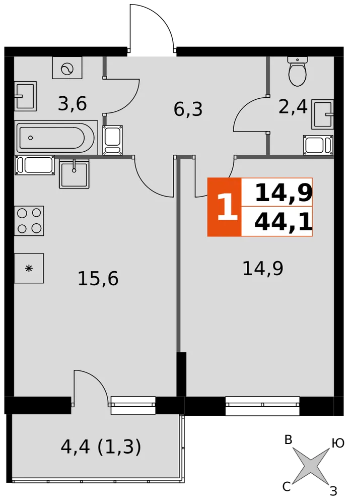 Планировка 1-комн. квартира, 44.1 м² ЖК «Олимп»