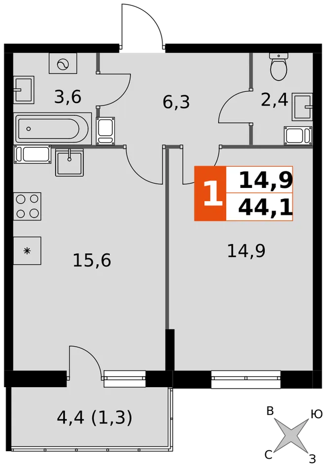 Планировка 1-комн. квартира, 44.1 м² ЖК «Олимп» Планировка 1-комн. квартира, 44.1 м² ЖК «Олимп»