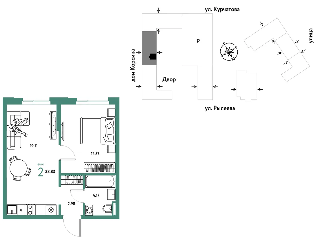 Планировка 2-комн. квартира, 38.83 м² ЖК «Остров-сад»