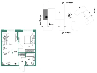 Планировка 2-комн. квартира, 38.83 м² ЖК «Остров-сад»