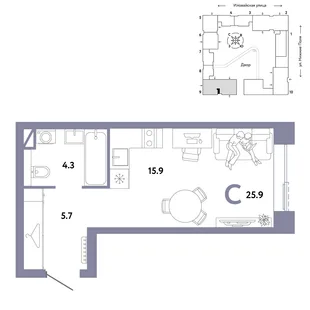Планировка Студия, 25.9 м² ЖК «Страна.Заречная»