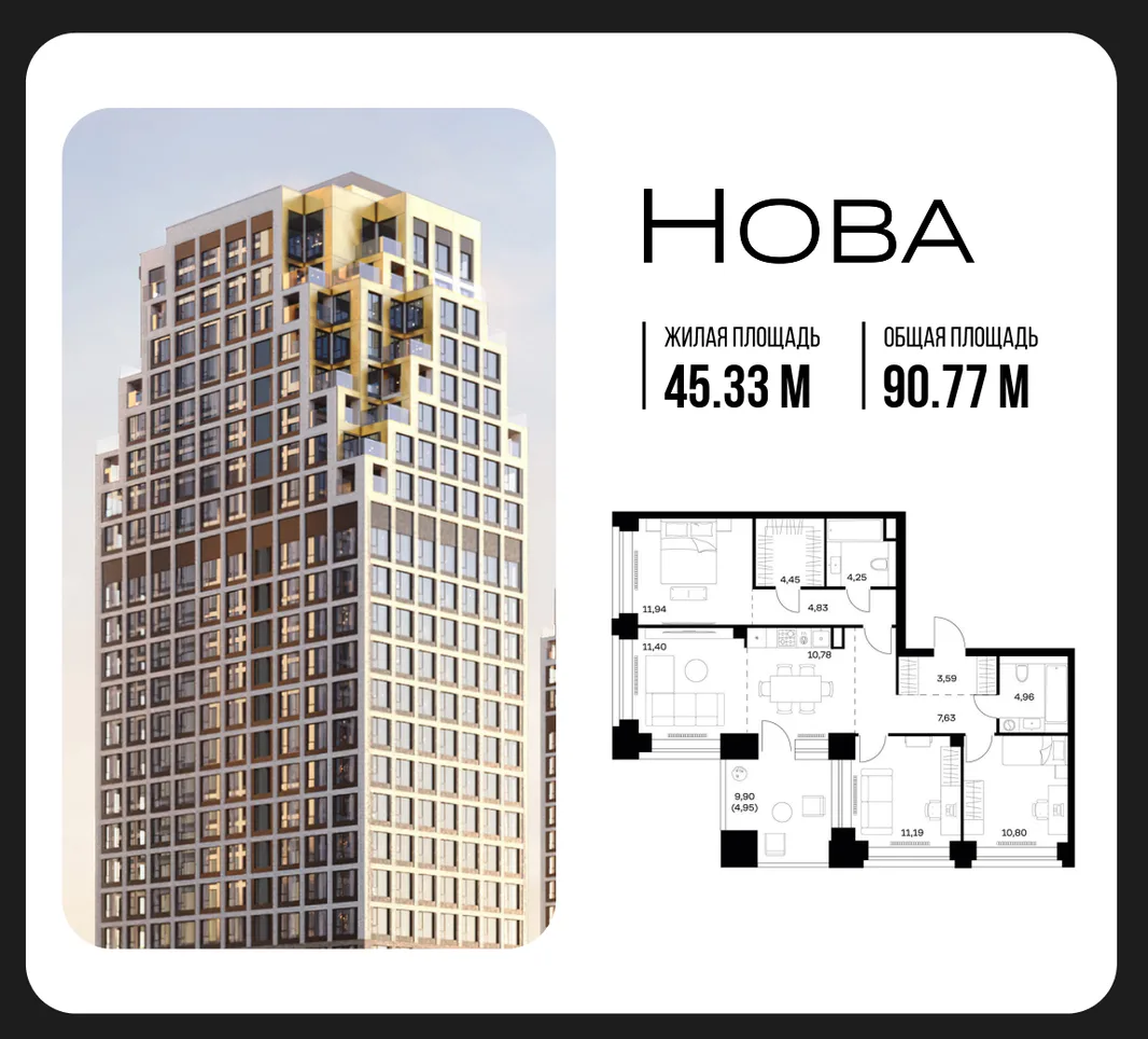 Планировка 3-комн. квартира, 90.77 м² ЖК «NOVA (Нова)»