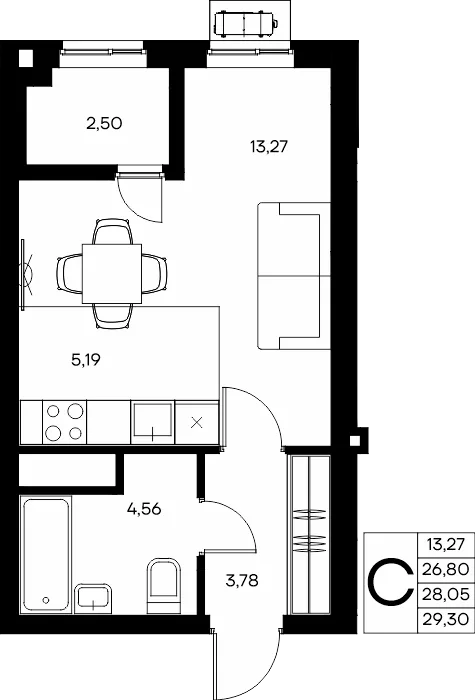 Планировка Студия, 29.3 м² ЖК «Прибрежный дом»