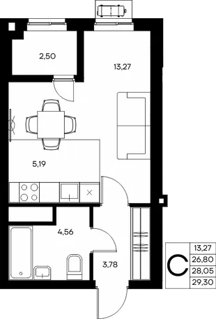 Планировка Студия, 29.3 м² ЖК «Прибрежный дом»