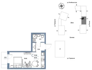 Планировка Студия, 27.68 м² ЖК «Уральский сад»