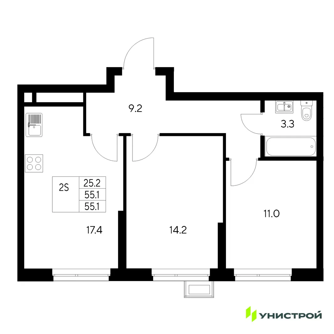Планировка 2-комн. квартира, 55.1 м² ЖК «Стадиум»