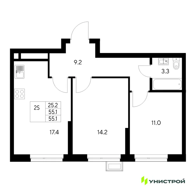Планировка 2-комн. квартира, 55.1 м² ЖК «Стадиум» Планировка 2-комн. квартира, 55.1 м² ЖК «Стадиум»