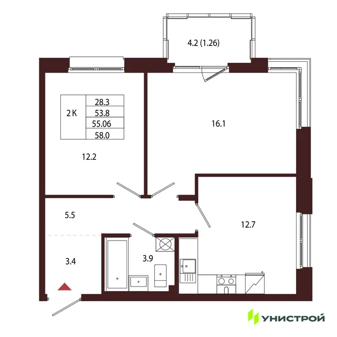 Планировка 2-комн. квартира, 55.06 м² ЖК «Лисино» Планировка 2-комн. квартира, 55.06 м² ЖК «Лисино»