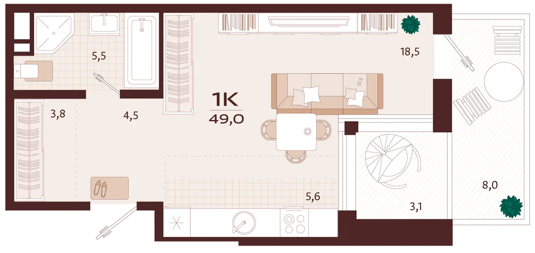 Планировка 1-комн. квартира, 49 м² ЖК «Роялта»