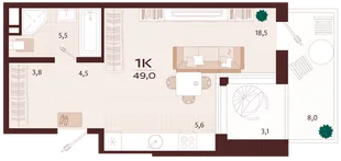Планировка 1-комн. квартира, 49 м² ЖК «Роялта»