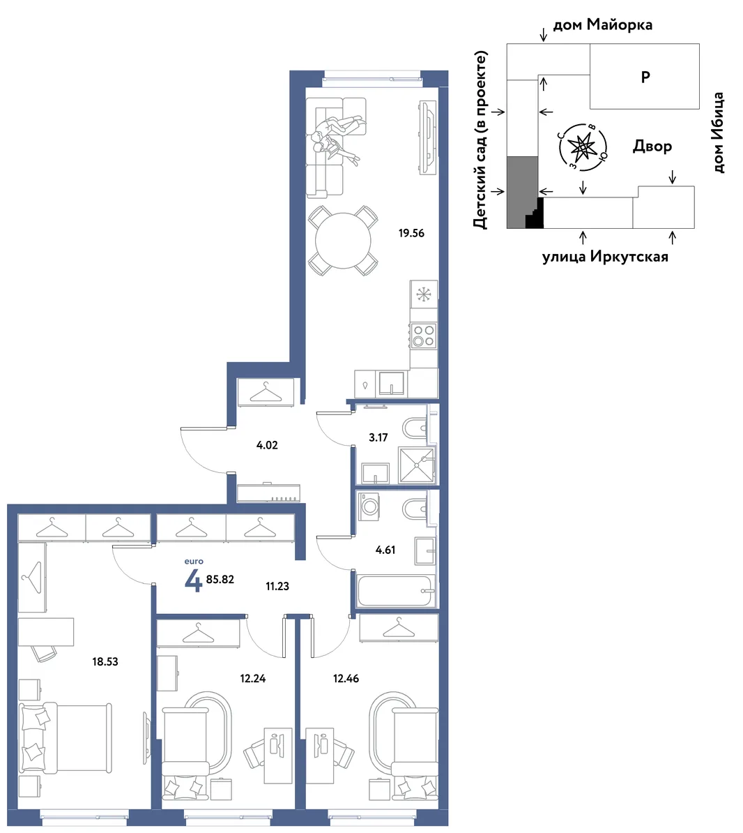 Планировка 4-комн. квартира, 85.82 м² ЖК «Остров-сад»