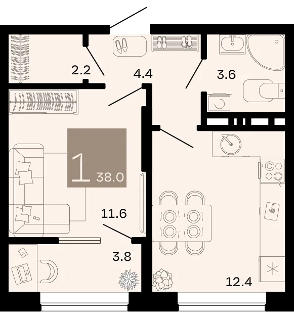 Планировка 1-комн. квартира, 38 м² ЖК «Хозяин морей»