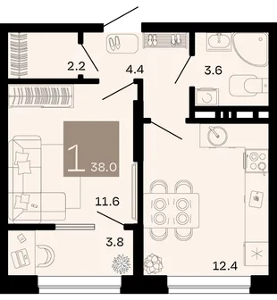 Планировка 1-комн. квартира, 38 м² ЖК «Хозяин морей»