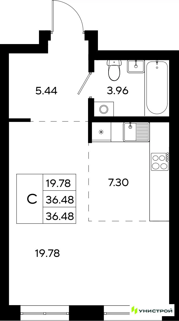 Планировка 1-комн. квартира, 36.48 м² ЖК «Уникод На Залесной»