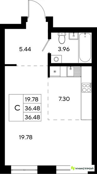 Планировка 1-комн. квартира, 36.48 м² ЖК «Уникод На Залесной»