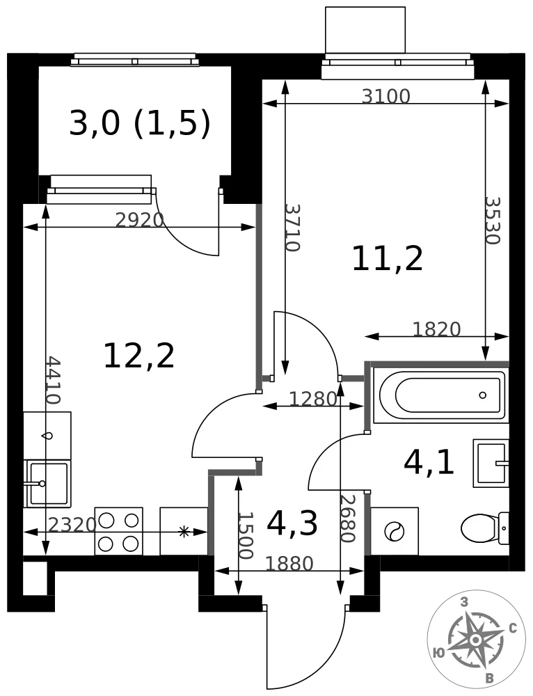 Планировка 1-комн. квартира, 33.3 м² ЖК «1-й Химкинский»