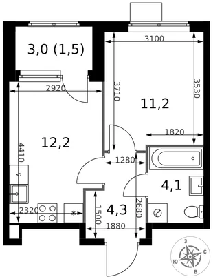 Планировка 1-комн. квартира, 33.3 м² ЖК «1-й Химкинский»