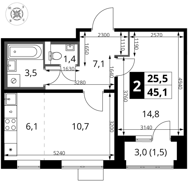 Планировка 2-комн. квартира, 45.1 м² ЖК «1-й Шереметьевский» Планировка 2-комн. квартира, 45.1 м² ЖК «1-й Шереметьевский»