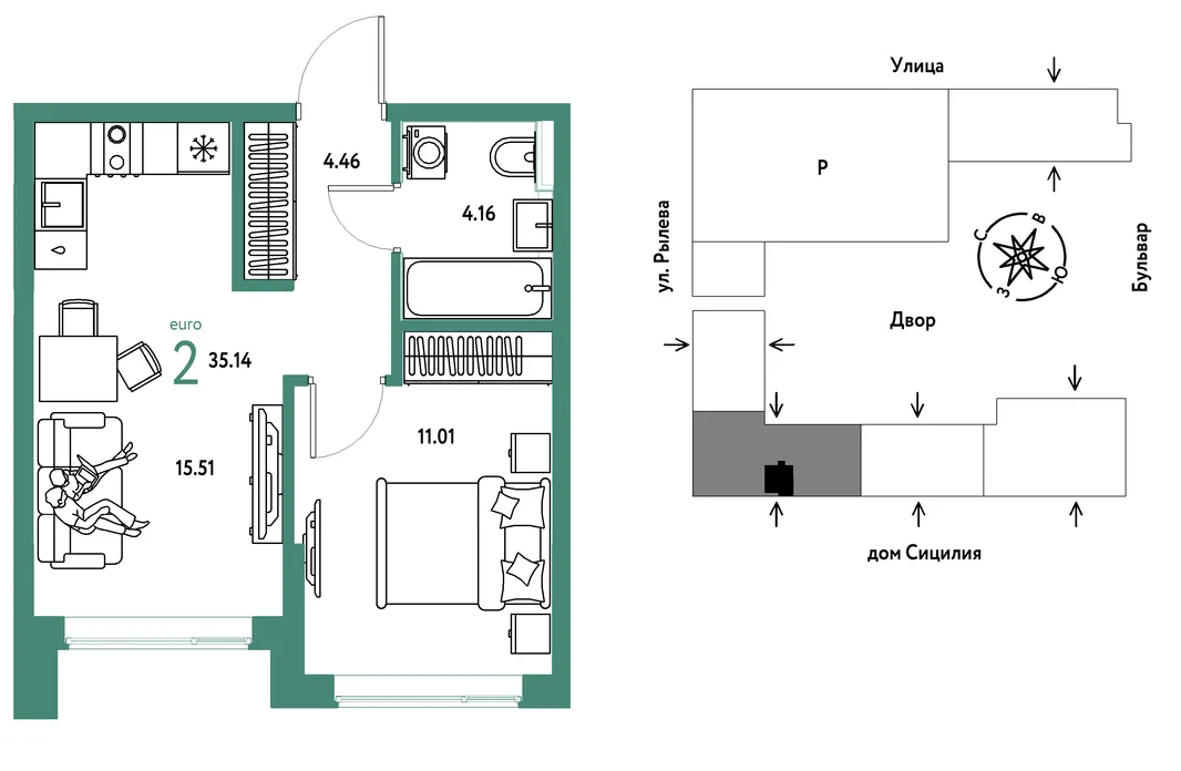 Планировка 2-комн. квартира, 35.14 м² ЖК «Остров-сад»
