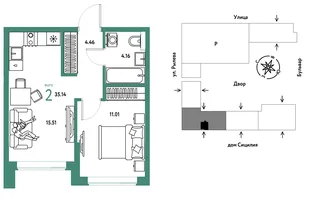 Планировка 2-комн. квартира, 35.14 м² ЖК «Остров-сад»