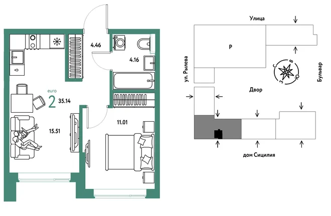 Планировка 2-комн. квартира, 35.14 м² ЖК «Остров-сад» Планировка 2-комн. квартира, 35.14 м² ЖК «Остров-сад»
