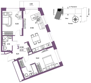Планировка 3-комн. квартира, 68.05 м² ЖК «Авторский»