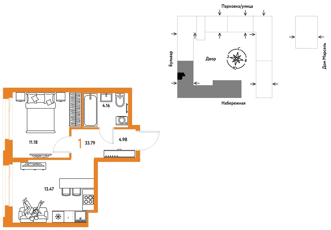 Планировка 1-комн. квартира, 33.79 м² ЖК «Европейский берег 2.0»