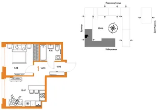 Планировка 1-комн. квартира, 33.79 м² ЖК «Европейский берег 2.0»