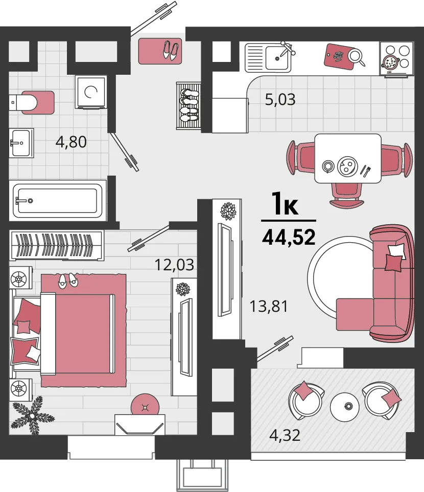Планировка 2-комн. квартира, 44.52 м² ЖК «Родные просторы»