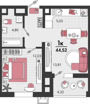 Планировка 2-комн. квартира, 44.52 м² ЖК «Родные просторы»
