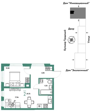 Планировка 2-комн. квартира, 39.7 м² ЖК «Микрорайон Домашний»