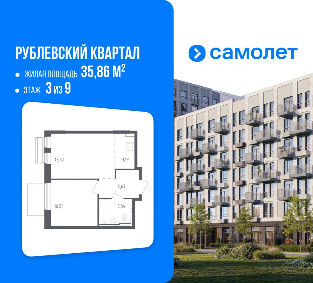 Планировка 1-комн. квартира, 35.86 м² ЖК «Рублевский квартал»