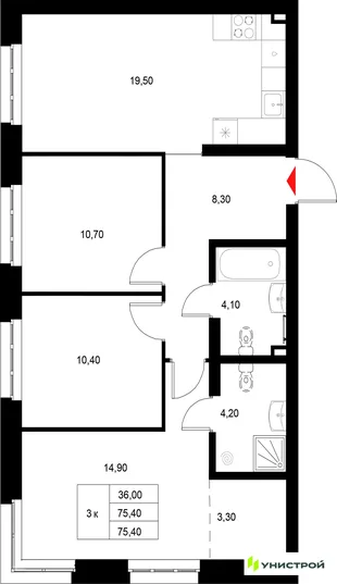 Планировка 3-комн. квартира, 75.4 м² ЖК «Уникод на Технической»