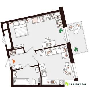 Планировка 1-комн. квартира, 44.06 м² ЖК «Лисино»