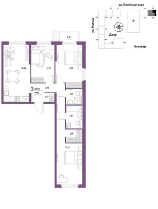 Планировка 3-комн. квартира, 80.74 м² ЖК «Уральский сад»