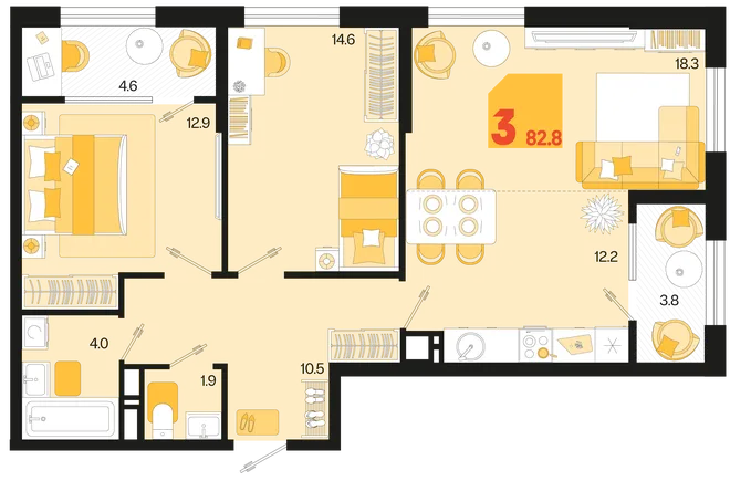 Планировка 3-комн. квартира, 82.8 м² ЖК «Первое место» Планировка 3-комн. квартира, 82.8 м² ЖК «Первое место»
