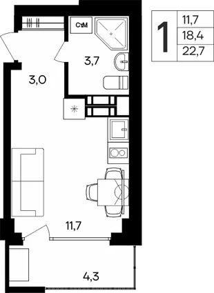Планировка 1-комн. квартира, 22.7 м² Апарт-комплекс «Альморе»