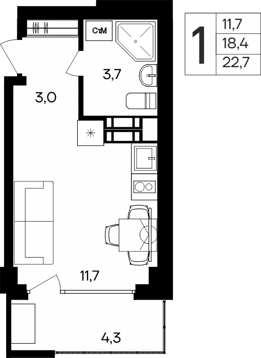 Планировка 1-комн. квартира, 22.7 м² Апарт-комплекс «Альморе» Планировка 1-комн. квартира, 22.7 м² Апарт-комплекс «Альморе»