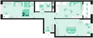 Планировка 2-комн. квартира, 67.8 м² ЖК «Первое место»