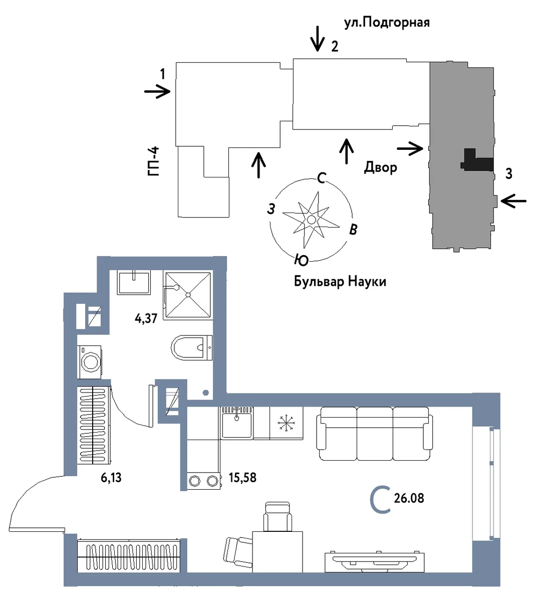 Планировка Студия, 26.08 м² ЖК «Авторский»