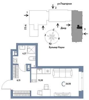 Планировка Студия, 26.08 м² ЖК «Авторский»