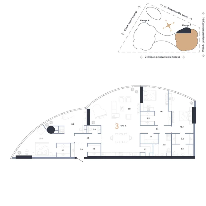 Планировка 3-комн. квартира, 201 м² ЖК «АУРУС Резиденции» Планировка 3-комн. квартира, 201 м² ЖК «АУРУС Резиденции»