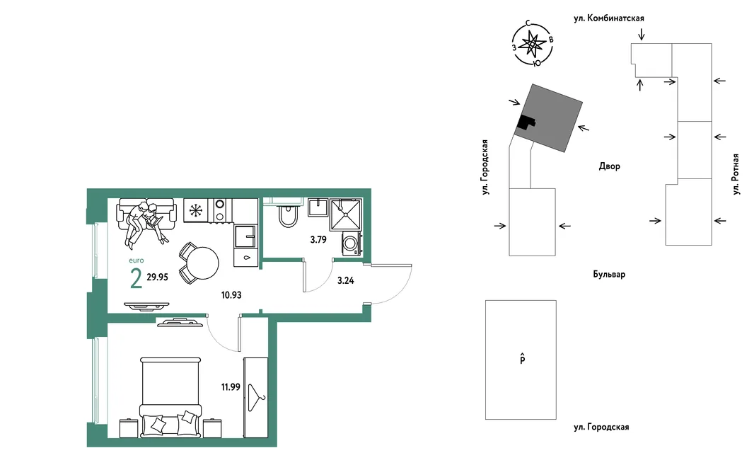 Планировка 2-комн. квартира, 29.95 м² ЖК «Уральский сад»