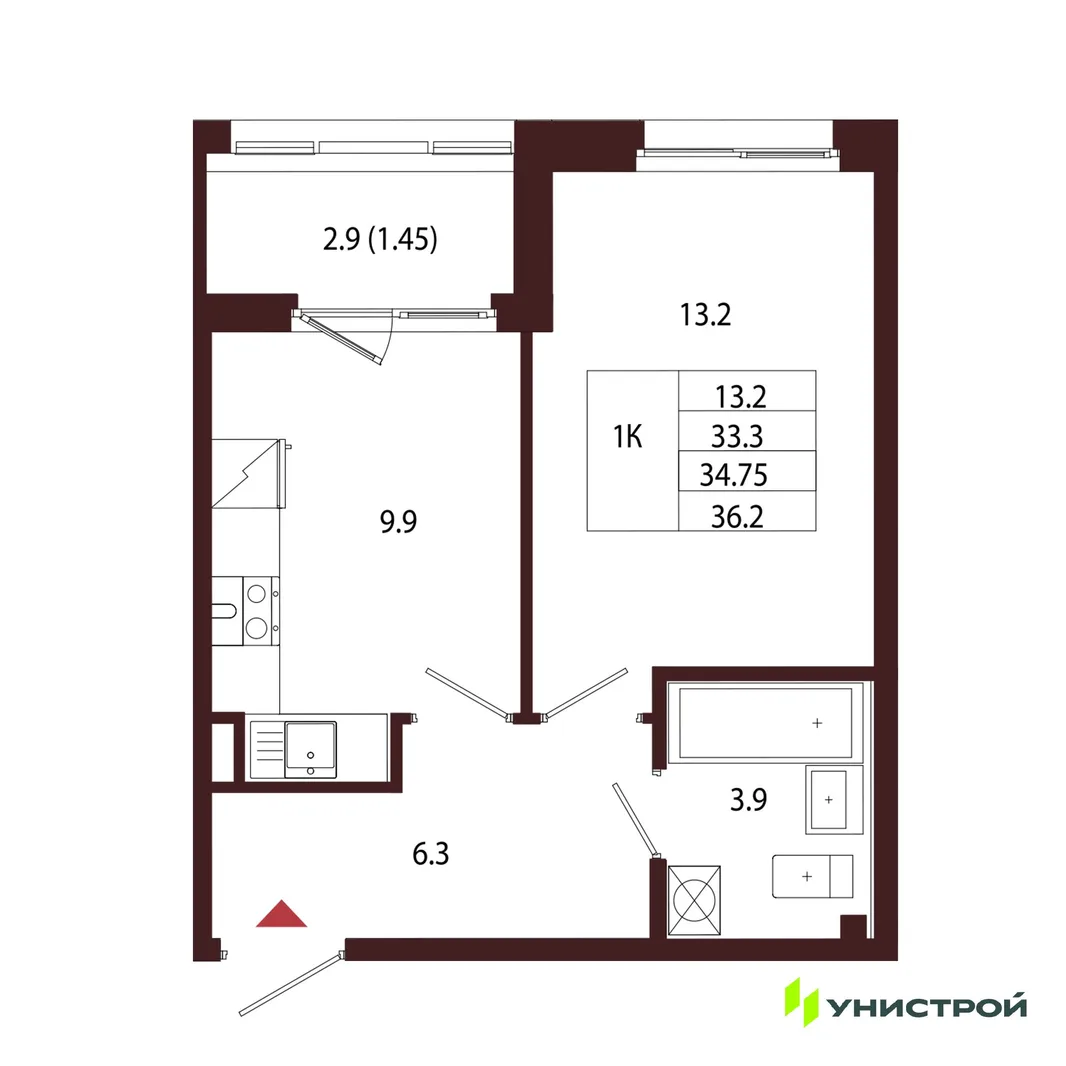 Планировка 1-комн. квартира, 34.75 м² ЖК «Лисино»