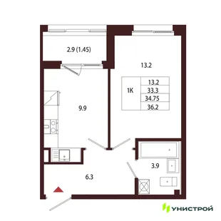 Планировка 1-комн. квартира, 34.75 м² ЖК «Лисино»
